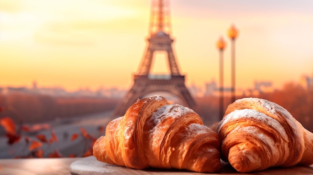 Köstliche französische Croissants auf romantischem Hintergrund des Eiffelturms Paris Generative AI