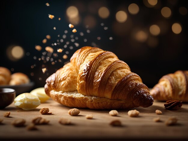 Köstliche französische Croissants, die in der Luft schweben, filmische Lebensmittel, professionelle Fotografie