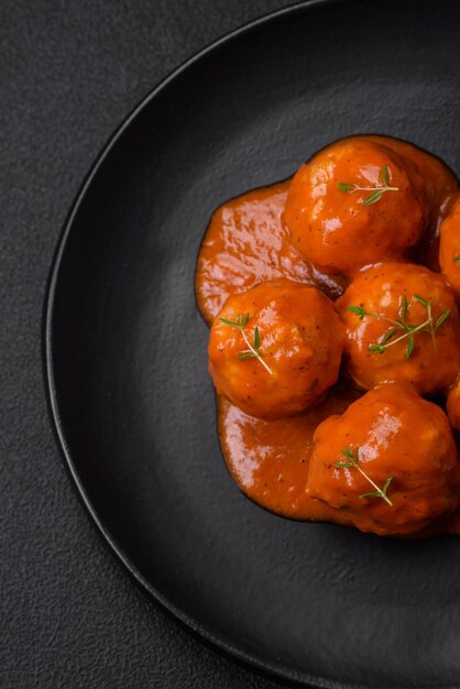 Köstliche frische Fleischbällchen in Tomatensauce mit Salzgewürzen und Kräutern auf dunklem Betongrund