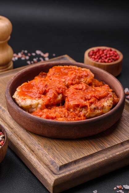 Köstliche frische Koteletts oder Fleischbällchen mit Gewürzkräutern und Tomatensauce