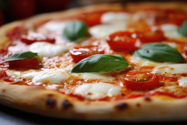 Köstliche frische Pizza mit geschmolzenem Käse, Tomaten und Basilikum.