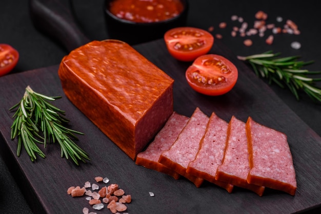 Köstliche frische Wurstsalami mit Salztomaten und Gewürzen