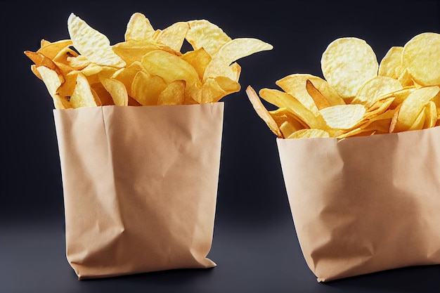 Köstliche frittierte Pommes Frites mit Portion knuspriger Chips in Papiertüte