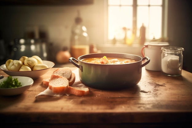 Köstliche Garnelensuppe mit Kokosmilch und Curry in Schüssel auf Küchentisch AI erzeugt