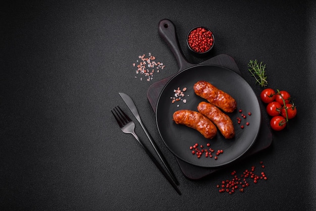 Köstliche gegrillte Hähnchen- oder Schweinewürste mit Salzgewürzen und Kräutern auf dunklem Betongrund