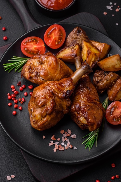 Köstliche gegrillte Hähnchenkeulen mit Gewürzen und Kräutern in Teriyaki-Sauce