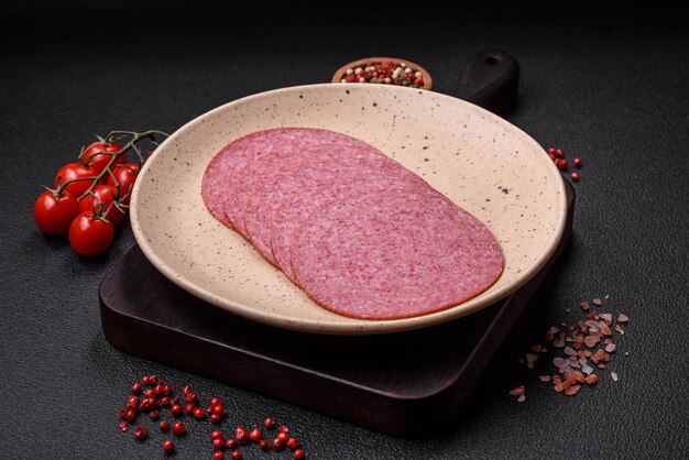 Köstliche geräucherte Salami-Wurst mit salzigen Gewürzen und Kräutern, in Scheiben geschnitten auf einem dunklen Betonhintergrund