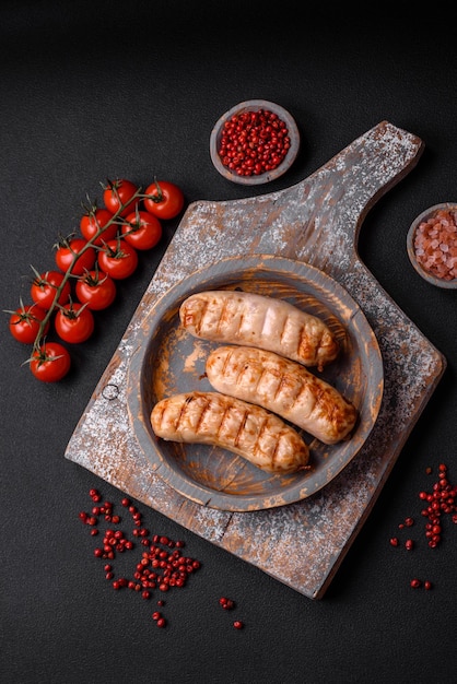 Köstliche Grillwürste aus Hühner- oder Schweinefleisch mit Salzgewürzen und Kräutern