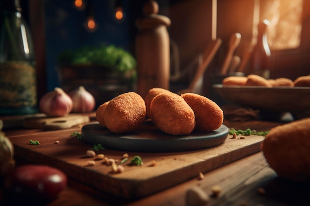 Köstliche hausgemachte Kroketten auf Holztisch im rustikalen Küchenhintergrund AI generiert