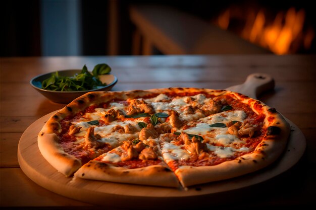 Köstliche hausgemachte Pizza mit ganzem Hähnchen auf einem rustikalen Holztisch AI generiert Selective Focus