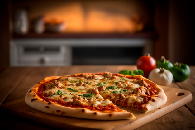 Köstliche hausgemachte Pizza mit ganzem Hähnchen auf einem rustikalen Holztisch AI generiert Selective Focus