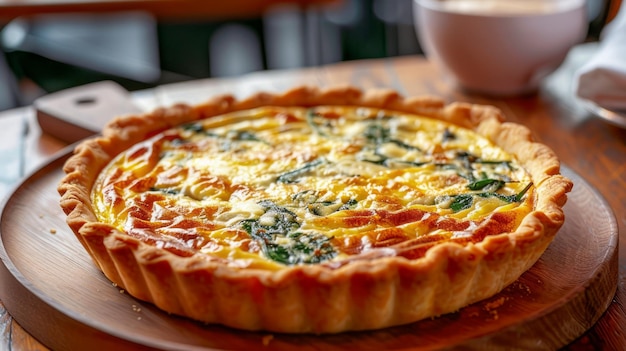 Köstliche hausgemachte Spinatquiche auf einem Holzbrett mit einer Tasse Kaffee in einem gemütlichen Café