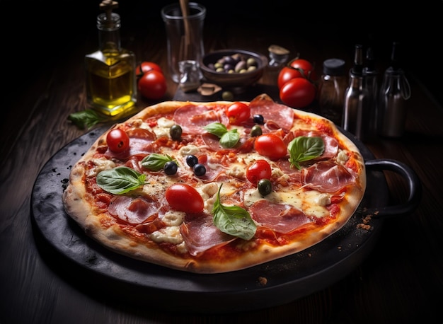 Köstliche italienische Pizza neben den Zutaten Schwaches Licht