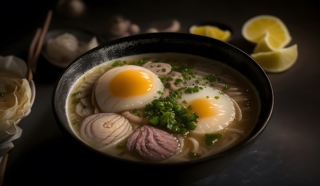 Köstliche japanische Ramen-Suppe im Hintergrund. Generative KI