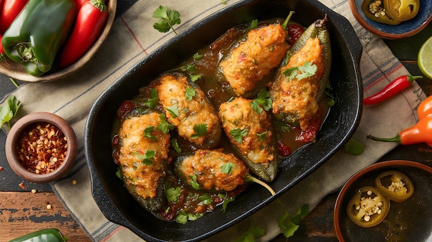 Köstliche, käsige, gefüllte Paprika in Tomatensauce auf einem Holztisch