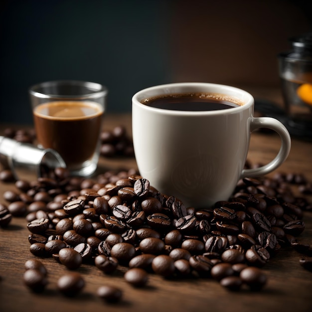 Köstliche Kaffeebohnen und eine Tasse aromatischer Genuss