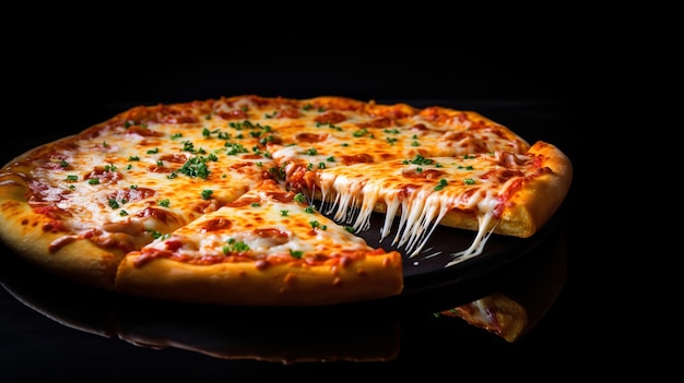 Foto köstliche klassische pizzas mit goldenem käse und toppings auf dunkler kulisse