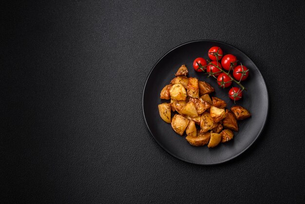 Köstliche knusprig gebratene Kartoffelspalten mit Salzgewürzen und Kräutern auf dunklem Betongrund