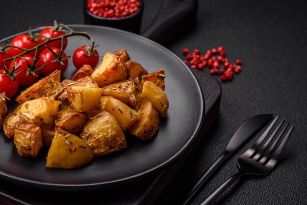 Köstliche knusprig gebratene Kartoffelspalten mit Salzgewürzen und Kräutern auf dunklem Betongrund