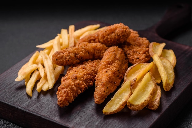 Köstliche knusprige Chicken Nuggets paniert mit Salz und Gewürzen auf dunklem Betongrund