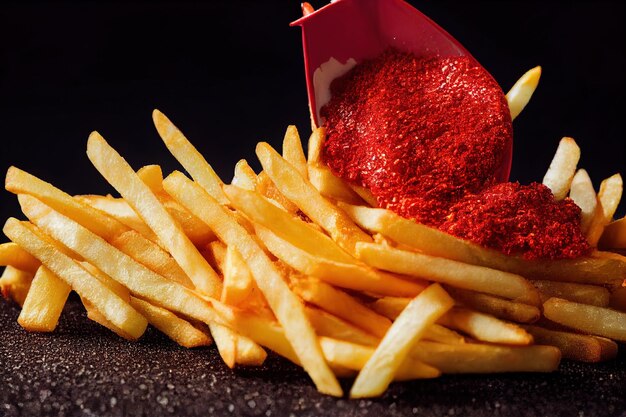 Köstliche knusprige Pommes Frites mit Salz und Paprika und Ketchup auf schwarzem Hintergrund 3D-Darstellung