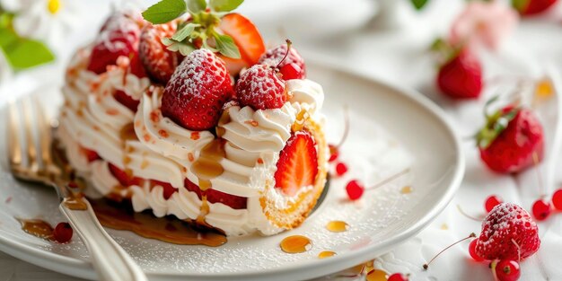 Köstliche Kuchenrolle mit Erdbeeren und Sahne auf weißem Tisch Nahaufnahme mit Sirup Lebensmittelfotografie auf hellem Hintergrund