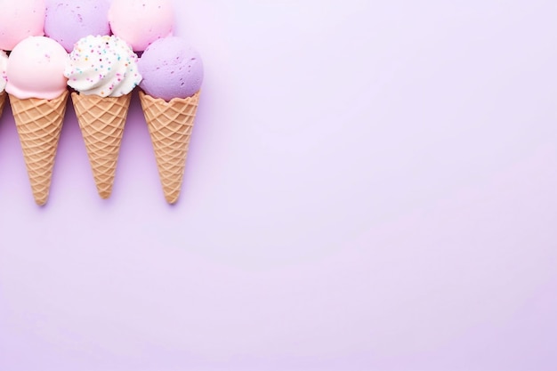 köstliche Kugeln und Eiscreme-Kegel in pastellfarbenen Kanten auf einem pastellvioletten Hintergrund