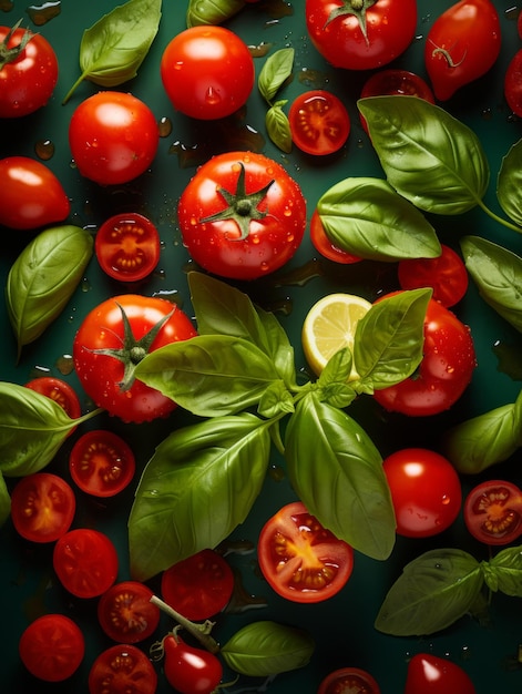 Köstliche Lebensmittelkombination aus Tomaten und Basilikum. Fotorealistische vertikale Illustration. Frischer Sommergeschmack. Ai generierte helle Illustration mit köstlichen aromatischen Tomaten und Basilikum
