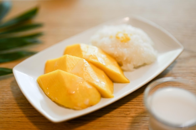 Köstliche Mango mit klebrigem Reis auf einem weißen Teller Asiatische thailändische tropische Desserts Stile Nahaufnahme erschossen