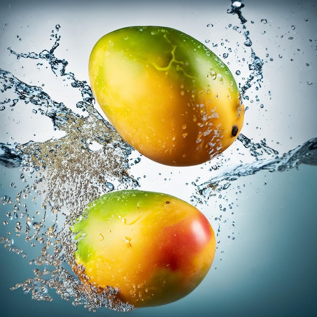 Köstliche Mangos, in Wasser getaucht und auffliegende Wassertropfen