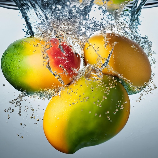 Köstliche Mangos, in Wasser getaucht und auffliegende Wassertropfen