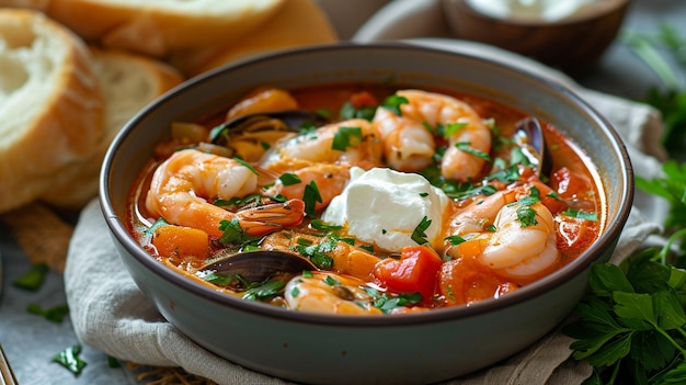 Köstliche Meeresfrüchte-Suppe mit Tomaten, saurer Sahne und Brot in rosa und orangefarben