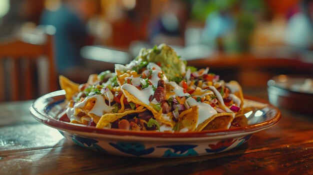 Köstliche Nachos mit Guacamole-Salze und geschmolzenem Käse