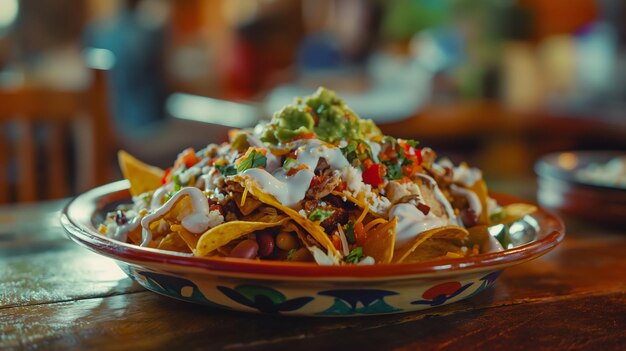 Köstliche Nachos mit Guacamole-Salze und geschmolzenem Käse