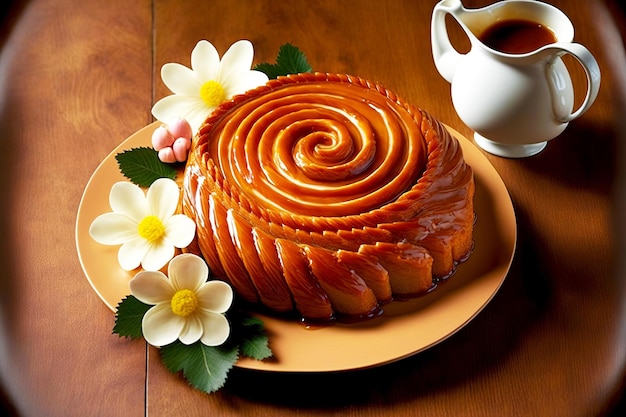 Köstliche Osterschinkenröllchen auf mit Blumen geschmücktem Teller