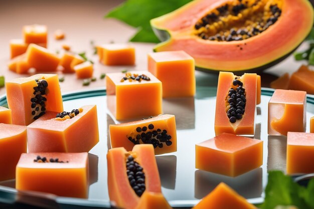 Foto köstliche papaya-früchte in kleine würfel geschnitten auf einer glasplatte, die in weißem papierhintergrund isoliert ist