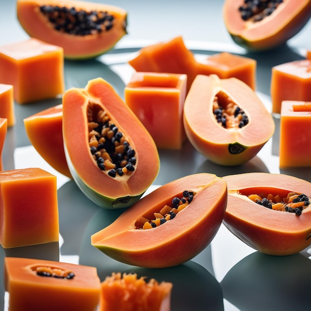 köstliche Papaya-Früchte in kleine Würfel geschnitten auf einer Glasplatte, die in weißem Papierhintergrund isoliert ist