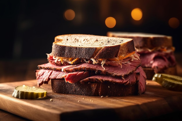 Köstliche Pastrami auf Roggen auf einem Holztisch, erstellt mit generativen KI-Tools