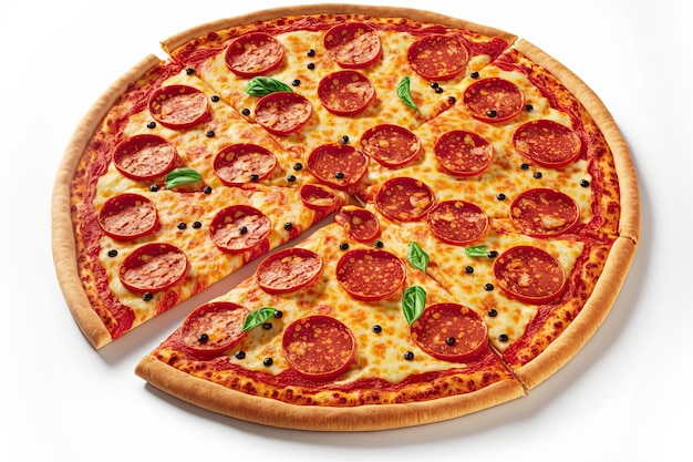 Köstliche Peperoni-Pizza mit Salami und Basilikum isoliert auf weißem Hintergrund