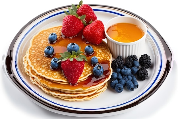 Köstliche Pfannkuchen auf einer Platte mit frischem Obst und köstlichem Honig, isoliert auf weiss