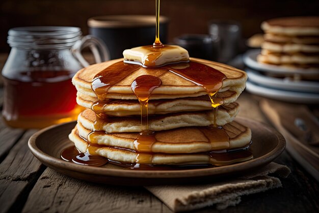 Köstliche Pfannkuchen mit Honig. Perfekte Mahlzeit für das Frühstück. Generative KI