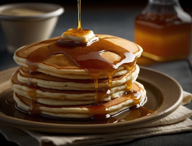 Köstliche Pfannkuchen mit Honig. Perfekte Mahlzeit für das Frühstück. Generative KI