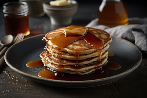 Köstliche Pfannkuchen mit Honig. Perfekte Mahlzeit für das Frühstück. Generative KI