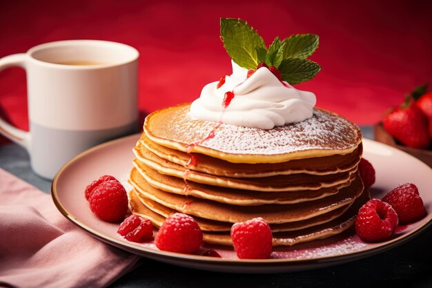 köstliche Pfannkuchen mit Honig und Himbeeren