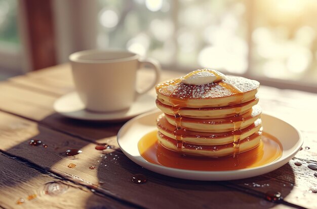 Köstliche Pfannkuchen mit Sirup und Butter an einem sonnigen Morgen