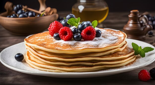 Köstliche Pfannkuchen mit verschiedenen Beeren und Zucker