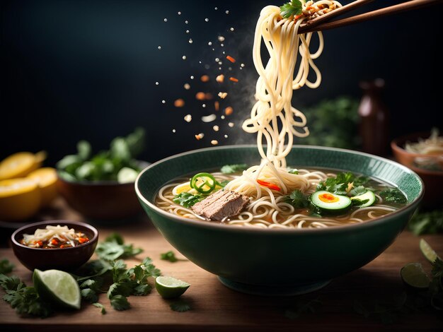 Foto köstliche pho-nudeln ramen-brühe suppe, die in der luft schwebt filmische werbefotografie