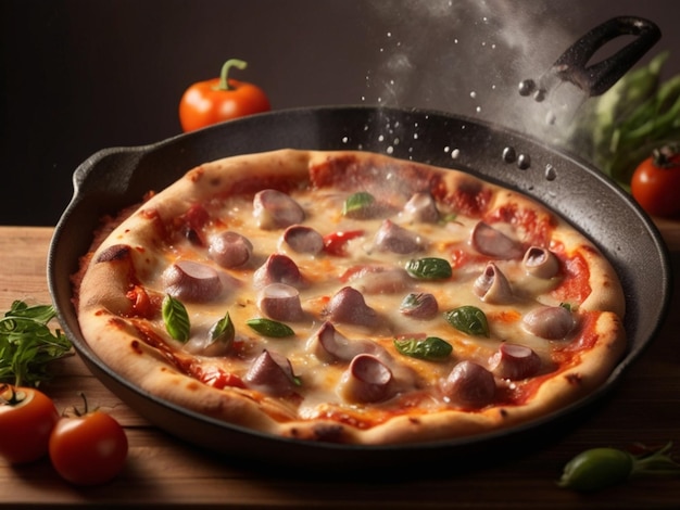 Köstliche Pizza fliegt aus der Bratpfanne in der Luft in der Küche