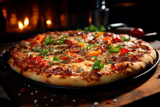 Köstliche Pizza mit Fleisch und Gemüse auf Holztisch im Restaurant