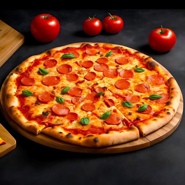 Köstliche Pizza mit Tomaten Zitrone und Pfeffer dunkler Hintergrund-Effekt ai erzeugt